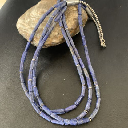 Navajo Blue Lapis 3-Strand Necklace | Sterling Silver Tube Beads | 23" | Authentic Native American Handmade | 12690