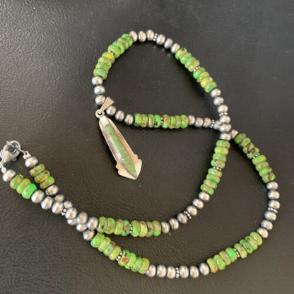 Navajo Green Gaspeite Turquoise Inlay Pendant | Sterling Silver | Authentic Native American Handmade | 13268