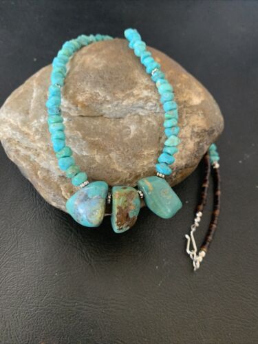 Navajo Blue Turquoise Nugget Pendant Necklace | Sterling Silver Pearls | 20" | Authentic Native American Handmade | 12445