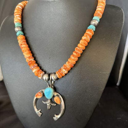 Navajo Blue Turquoise Spiny Oyster Naja Pendant Necklace | Sterling Silver | 18" | Authentic Native American Handmade | 14810 - Masha USA