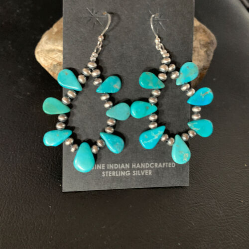 Navajo Blue Cluster Turquoise Bead Earrings | Sterling Silver | Authentic Native American Handmade | 13328