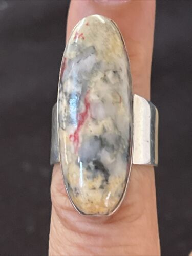 Native American Men's Cinnabrite Ring | White Black | Sterling Silver Handmade | Sz 7 | 01567