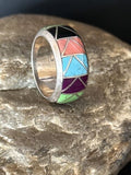 Multi-Color Blue Turquoise Gaspeite Inlay Ring | Sterling Silver | Sz 9 | 14501