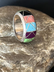 Multi-Color Blue Turquoise Gaspeite Inlay Ring | Sterling Silver | Sz 10 | Native American Handmade | 14502