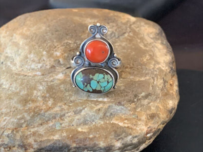Native American Navajo Multi-Stone Ring | Blue Turquoise & Coral | Sterling Silver | Sz 7 | 11522