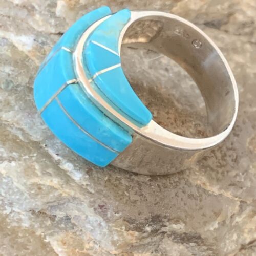 Navajo Blue Turquoise Inlay Band Ring | Sz 8 | Authentic Native American Handmade | 14163