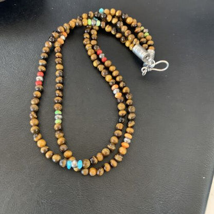 Navajo Tigers Eye Spiny Oyster Turquoise Necklace | Sterling Silver | 20" | Authentic Native American Handmade | 11834