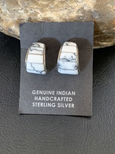Navajo White Buffalo Turquoise Inlay Earrings | Sterling Silver | 0.5" | Authentic Native American Handmade | 12996