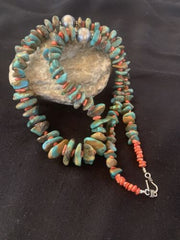 Navajo Green Turquoise & Spiny Oyster  Necklace | Sterling Silver | 26" Graduated | Authentic Native American | 00609