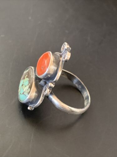 Native American Navajo Multi-Stone Ring | Blue Turquoise & Coral | Sterling Silver | Sz 7 | 11522