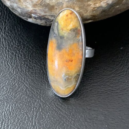 Navajo Bumble Bee Jasper Ring | Sterling Silver | Sz 8 Adjustable | Authentic Native American Handmade | 11545