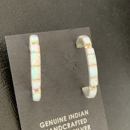 Navajo White Opal Inlay Hoop Earrings | Sterling Silver | 1" | Authentic Native American Handmade | 12128