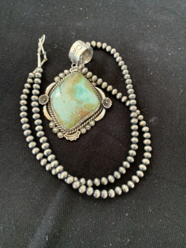 Men's Navajo Pearls Necklace with Royston Turquoise Pendant | Sterling Silver | Native American Handmade | 522