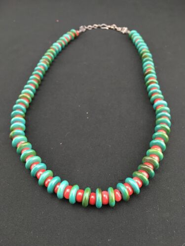 Native American Men's Turquoise & Coral Bead Necklace | Navajo Sterling Silver | 22" | 3712