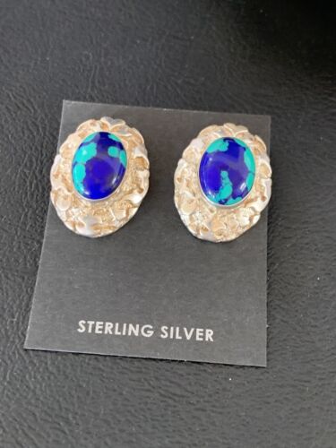 Native American Women's Blue Azurite Nugget Earrings | Sterling Silver | 13016