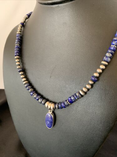 Native American Navajo Blue Lapis Pendant Necklace | Sterling Silver | Authentic Handmade | 12247 - Masha USA