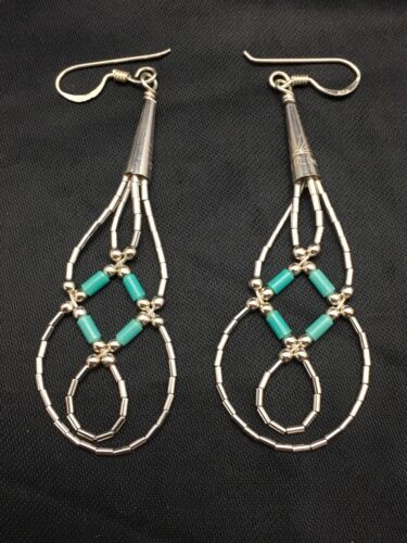 Navajo Blue Turquoise Tube Heishi Dangle Earrings | Sterling Silver | 2" | 3100