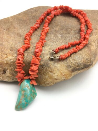 Native American Turquoise Coral Pendant Necklace | Brass Old Pawn | 19" | 4006