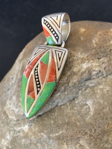 Navajo Pink Coral & Green Gaspeite Inlay Pendant | Sterling Silver | Authentic Native American Handmade | 12483
