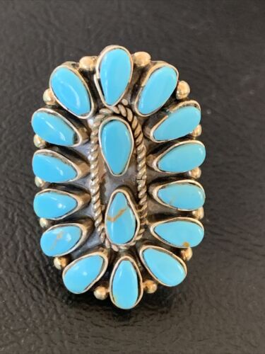 Navajo Blue Cluster Turquoise Needlepoint Ring | Authentic Native American Sterling Silver | Multi-Stone | Sz 8 | 11941