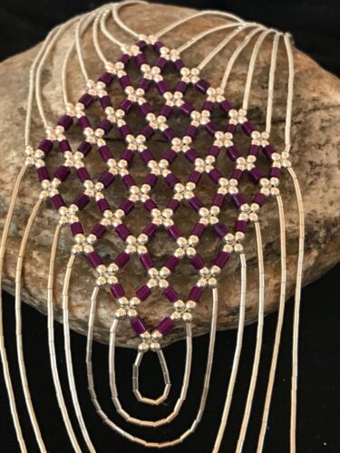Native American Sugilite Heishi Tubes Necklace | 7 Strand Liquid Sterling Silver | 8560