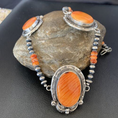 Navajo Pearls Orange Spiny Oyster Necklace Pendant | Sterling Silver | Authentic Native American Handmade | 10818