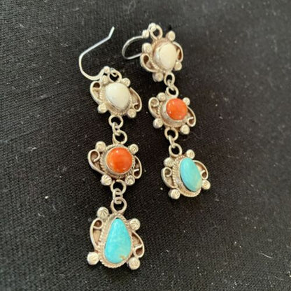 Navajo Spiny, Turquoise & Howlite Dangle Earrings | Sterling Silver | Authentic Native American Handmade | 1574