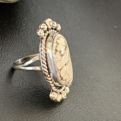 Navajo White Buffalo Turquoise Ring | Sterling Silver | Sz 8.5 | Authentic Native American Handmade | 13348