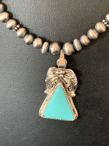 Navajo Pearls Sterling Silver Necklace with Blue Kingman Turquoise Pendant | Authentic Native American Handmade | 12496