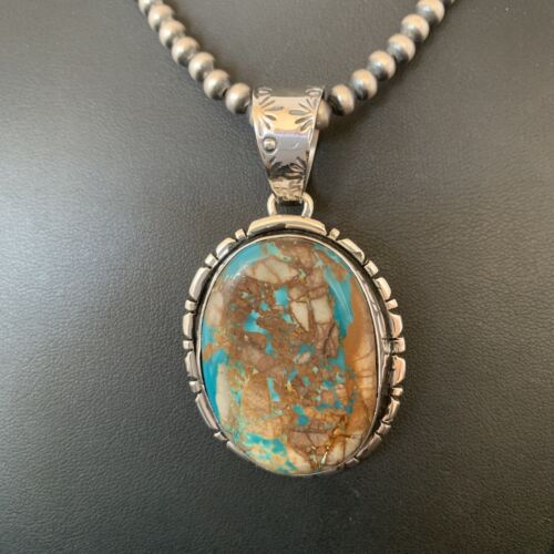 Navajo Pearls Necklace with Blue Royston Turquoise Pendant | Sterling Silver | Authentic Native American Handmade | 10629