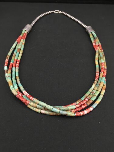 Royston Turquoise & Spiny Oyster Necklace | 4 Strand Navajo Sterling Silver | Authentic Native American Handmade | 4899