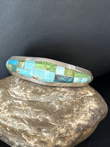 Native American Men's Blue Green Turquoise Inlay Bracelet | Sterling Silver | 14302 - Masha USA