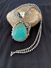 Men's Turquoise #8 Pendant | Navajo Pearls Sterling Silver Necklace | Authentic Native American Handmade | 4619