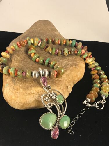 Navajo Green Turquoise & Spiny Oyster Pendant Necklace | Authentic Native American Sterling Silver | Multi-Stone | 8488