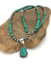 Navajo Green Turquoise Pendant Necklace | Sterling Silver | Authentic Native American Handmade | 2645