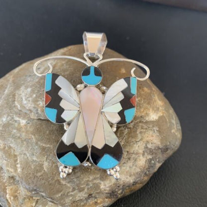 Zuni Blue Turquoise Coral Butterfly Inlay Pendant | Sterling Silver Necklace | Authentic Native American Inlay | 11967 - Masha USA