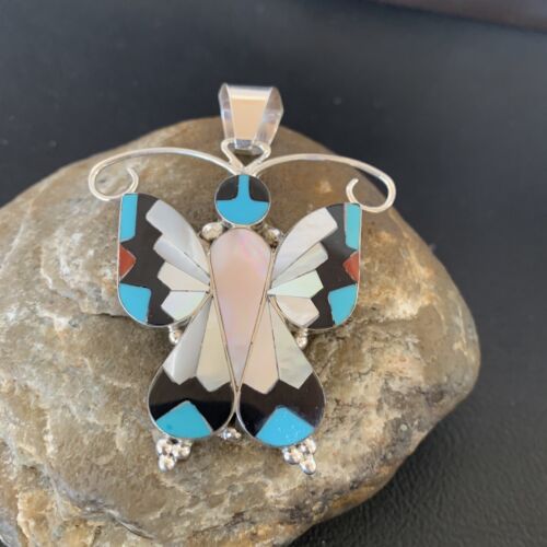 Zuni Blue Turquoise Coral Butterfly Inlay Pendant | Sterling Silver Necklace | Authentic Native American Inlay | 11967