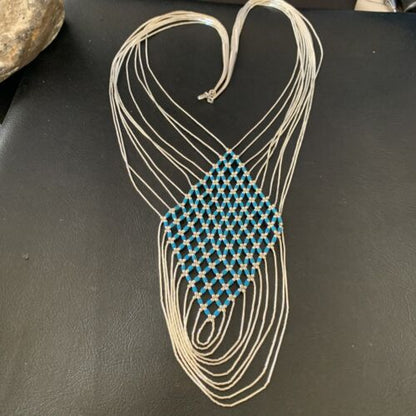 Turquoise Liquid Silver Heishi Necklace | 7 Strand Sterling Silver Tubes | 19" | 12628