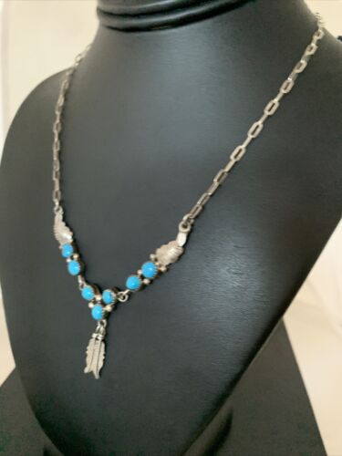 Old Pawn Navajo Blue Kingman Turquoise Necklace | Sterling Silver | 16" Chain | Authentic Native American Handmade | 1184