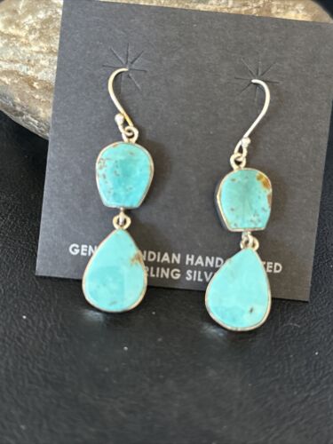 Kingman Turquoise Dangle Earrings | Navajo Handmade | Sterling Silver | Authentic Native American | 14579