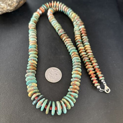 Navajo Turquoise & Red Spiny Oyster Necklace | Sterling Silver | Authentic Native American | 32" | 14382