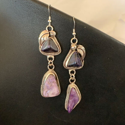 Navajo Purple Charoite Dangle Earrings | Sterling Silver | Authentic Native American Handmade | 01222