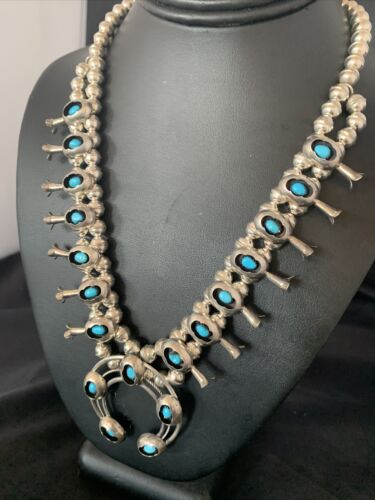 Navajo Kingman Turquoise Shadowbox Squash Blossom Necklace | Sterling Silver | Authentic Native American Handmade | 13108