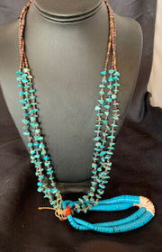 Native American Santo Domingo Spiny Blue Turquoise Shell Jacla Necklace | 3-Strand 27" | 12495