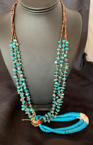 Native American Santo Domingo Spiny Blue Turquoise Shell Jacla Necklace | 3-Strand 27" | 12495