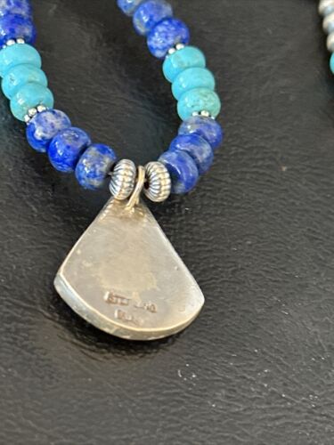 Navajo Blue Turquoise Lapis Inlay Pendant Necklace | Sterling Silver | Authentic Native American Handmade | 14636