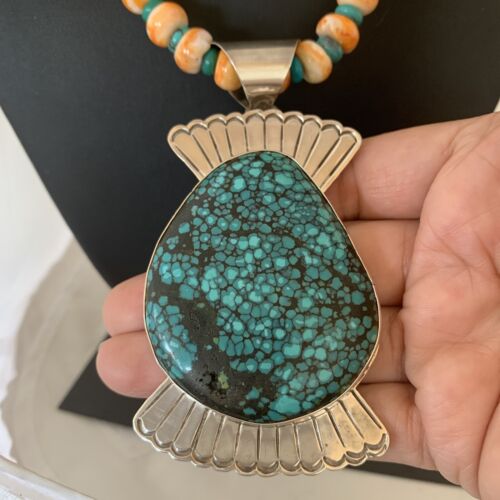 Navajo Spiny Oyster & Spiderweb Turquoise Necklace | Sterling Silver | Authentic Native American Handmade | 1757