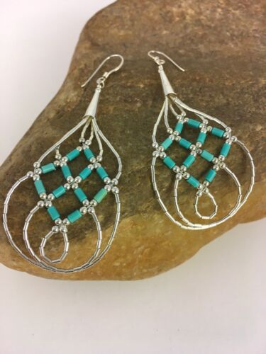 Native American Blue Turquoise Heishi Dangle Earrings | Sterling Silver | 2" | 8878