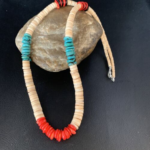 Authentic Native American Santo Domingo Necklace | Red Coral, Blue Turquoise, Onyx, Shell | 22" | 13485