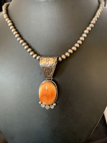 Navajo Orange Spiny Oyster Pendant Necklace | Sterling Silver | Authentic Native American Handmade | 13085